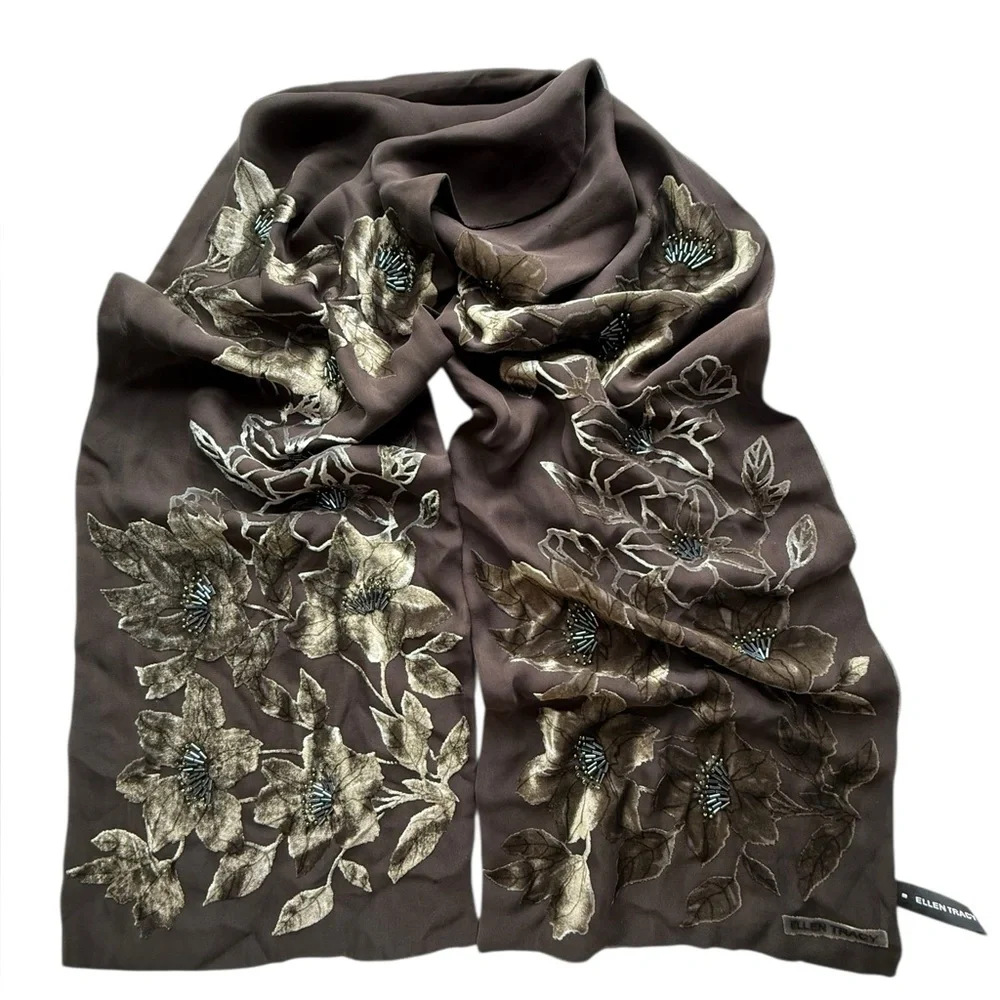 Ellen Tracy Brown Silk Velvet Beaded Floral‎ Embroidered Scarf